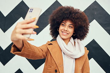 Image showing Black woman, selfie and smartphone for social media post online or content creation influencer. Young girl, smile and happy for mobile phone photograph or 5g video call in abstract background