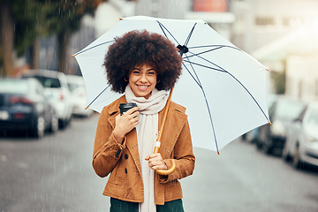 Image showing Black woman afro, umbrella and smile for city travel, tourism or love for rain in the street outdoors. Portrait of African American female smiling in happiness for rainy day preparation in the town