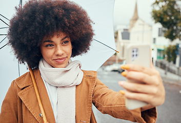 Image showing Travel, woman or phone selfie with umbrella in New York city on social media review, video call or live streaming on content creator vlog. Happy, smile or afro influencer on vlogger mobile technology