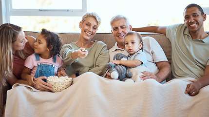 Image showing Happy family on sofa watching tv with popcorn and kids show, film or comedy movie on live streaming service. Television, relax and grandparents with children on couch with love, diversity and talking