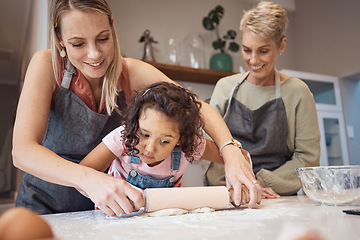 Image showing Kitchen cooking, learning and happy family generation of grandmother, mother and kid baking food with flour dough. Chef family love, child development support and girl helping mom and grandma bake