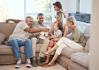 Image showing Happy, love and big family relaxing on sofa together in the living room of their house. Happiness, grandparents and parents with children playing, bonding and resting in lounge of their modern home.