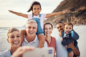 Image showing Beach, selfie and happy big family on vacation together in summer by seaside in Australia. Happiness, grandparents and parents with children taking picture with smile on phone while on travel holiday