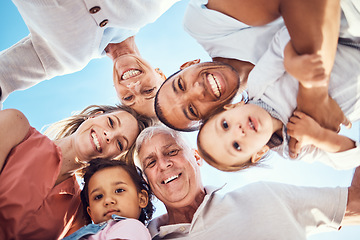 Image showing Happy big family, face and smile for fun bonding, quality time together or relationship in the outdoors. Portrait of mother, father and grandparents with children enjoying family holiday or weekend