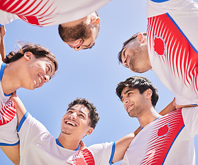 Image showing Soccer, team and huddle for strategy game plan in sports fitness, collaboration or goals in the outdoors. Happy football players in teamwork, meeting or discussion for planning, unity and cooperation