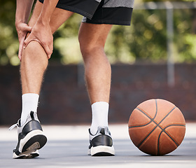 Image showing Man legs, injury and basketball athlete in pain on court for fitness exercise. Sports medical accident, torn muscle or leg osteoporosis emergency after workout training in sport park outdoors