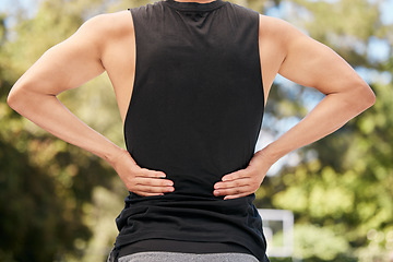 Image showing Athlete with back pain, injury or accident from sports match or training on an outdoor court. Fitness, basketball and man with muscle sprain, hurt spine or medical emergency after workout or exercise