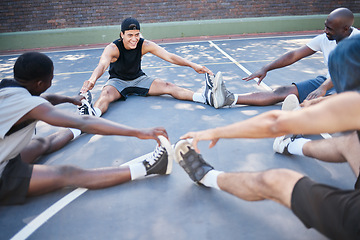 Image showing Fitness, men stretching on outdoor sport court with exercise and team for active lifestyle and training. Sports, warm up and athlete getting ready for workout, diversity and strong with cardio.