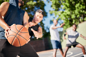 Image showing Fitness, sports and friends on a basketball court playing a game, training match and cardio workout exercise. Teamwork, diversity and healthy men enjoy a challenge with intensity in summer together