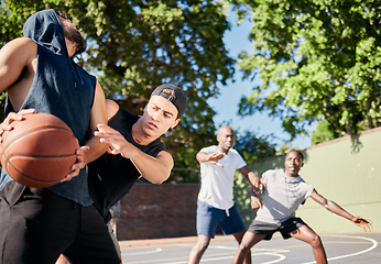 Image showing Basketball, friends and teammates on basketball court training for team game together for health fitness, group exercise and competition workout. Outdoor sports, teamwork and motivation to win match