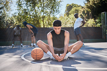 Image showing Basketball, man and meditation with yoga, zen and calm mindset before training, exercise or game outdoor. Fitness, workout and wellness young gen z basketball player spiritual and meditate on court