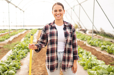 Image showing Farm, portrait and farming woman ready to harvest in garden for produce and agriculture in a greenhouse. Agro, horticulture and gardener female agronomist ready for environmental cultivation of plant