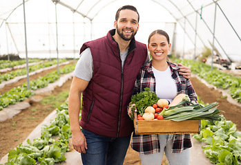 Image showing Agriculture, food and health with couple on farm for teamwork, sustainability and environment. Happy, garden and agro with farmer man and woman and vegetables box for small business, plant or growth