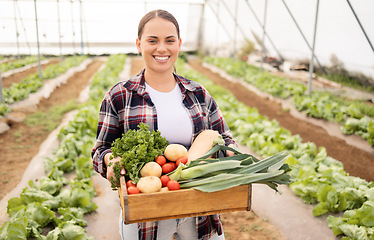 Image showing Greenhouse, container and farmer harvest vegetables for eco friendly farming, nutritionist lifestyle or agriculture small business. Sustainability growth, organic farm field or woman with produce box