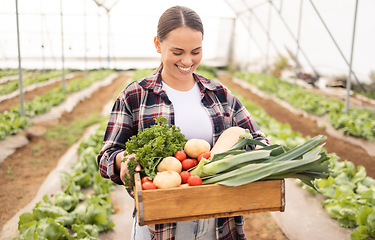 Image showing Vegetables, greenhouse and woman farmer smile, sustainable farming and happy with healthy produce. Agriculture, female and happiness for nutrition diet, natural organic food and eco friendly harvest.