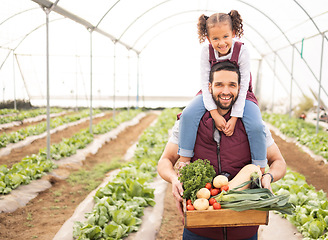 Image showing Greenhouse, father and girl with vegetables, happy or fresh produce from garden. Portrait, agriculture and parent with kid for organic food, harvest or sustainability farming for health and nutrition