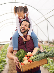 Image showing Greenhouse, father and piggy back of girl while holding farm basket or fresh plant product after harvest. Family, care and dad carrying kid, bonding or farming in nursery, agro garden or conservatory