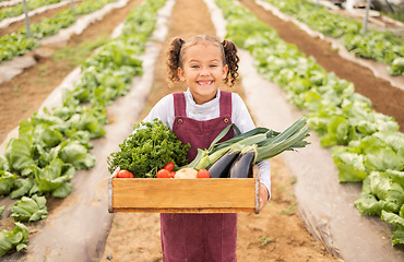 Image showing Child, girl or vegetables container on farm in agriculture export, sustainability harvest or nature environment success. Smile portrait, happy kid and farming crops, leaf green plants or health food