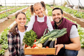 Image showing Family, farming and greenhouse portrait with vegetable container for carbon capture business together. Agriculture, mother and father with happy child in eco, sustainability and food garden.