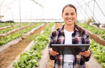 Image showing Digital tablet, vegetable farmer and sustainable organic lettuce crop, healthy harvest and farming sustainability. Modern farm, planning and modern agriculture technology to monitor veg growth health