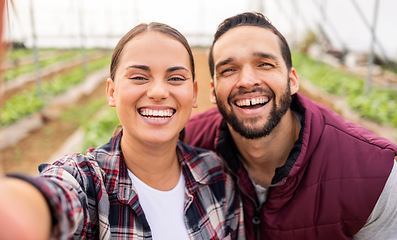 Image showing Farming, agriculture and selfie of couple on farm, smiling and happy from success. Nature, sustainability and portrait of man and woman in greenhouse after checking vegetables, crops and harvest