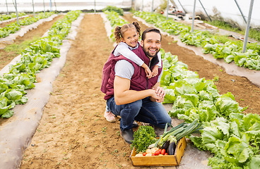 Image showing Child, father or farmer farming vegetables in a natural garden or agriculture environment for a healthy diet. Smile, dad and happy girl love gardening and planting organic food for sustainability