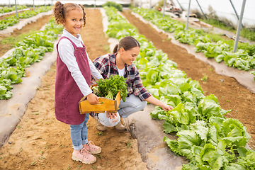 Image showing Farm, family and children with a girl and mother working together in a greenhouse for vegetable growth. Food, health and sustainability with a woman and daughter at work in organic agriculture