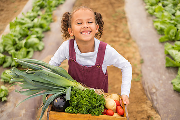 Image showing Children, farm and vegetables with a girl working in a greenhouse during the harvest season. Portrait, kids and sustainability with a female child at work on agricultural land for organic farming