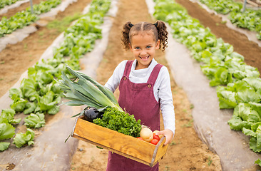 Image showing Agriculture, farm and box with vegetables, child and smile in portrait for farming and fresh, organic product. Sustainability, green and environment, girl with harvest and soil, food and healthy.