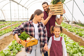Image showing Food, health and agriculture with family on farm for spring, sustainability and growth. Agro, help and plant with mother and father farmer and girl bonding with vegetables box for garden lifestyle