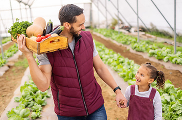 Image showing Agriculture, food and father and girl on farm for health, sustainability and family environment. Plant, growth and summer with dad and child farmer with box of vegetables for agro, garden and nature