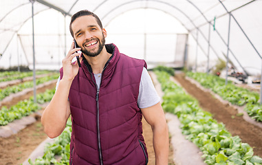 Image showing Greenhouse, phone call and man on agriculture farm talking, discussion or harvest conversation. Agro, small business and male farmer from Canada on 5g mobile speaking about crops or growth of plants.