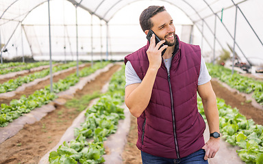 Image showing Phone call, farm and agriculture with a man at work in the greenhouse of organic agricultural farmland. Mobile, communication and sustainability with a male working alone in the farming industry