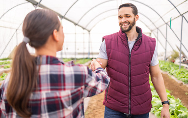 Image showing Agriculture greenhouse field, handshake and farmer agreement on agribusiness deal, partnership or teamwork. Farming industry collaboration, sustainability and cooperation of man and woman on eco farm