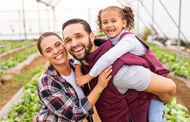 Image showing Farm, family and portrait of happy agriculture parents with their child after produce harvest. Parents, mother and father with their daughter bonding with love and care in a sustainable garden