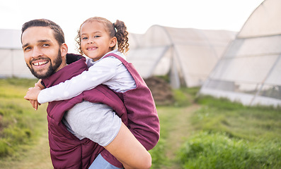 Image showing Agriculture, farming and family for piggy back with child and father at sustainable farm. Sustainability, growth and eco friendly lifestyle with farmer man and girl learning about plants and ecology