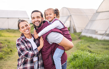 Image showing Farm, family and bonding portrait for farming, agriculture and love with a father giving his daughter a piggy back. Agro, horticulture and loving parents and child on sustainable garden for harvest