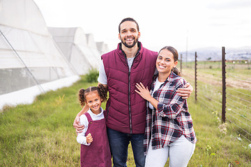 Image showing Organic, greenhouse farm and happy family with sustainable growth, healthy natural harvest and sustainability farmer. Modern farming, crop agriculture and food production in countryside of Kansas USA