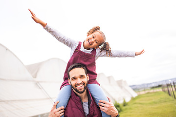 Image showing Farm, play and portrait of father, child or happy family having fun, bond and enjoy quality time together on agriculture grass field. Love, sustainability farming and eco farmer walking with kid girl