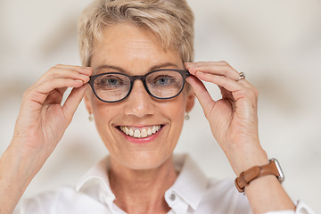 Image showing Mature woman, face and vision glasses in fashion or style eye care for healthcare insurance, medical wellness or glaucoma support. Smile portrait, happy person and optometry prescription eyes lenses