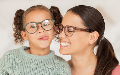 Image showing Family, glasses and happiness with mother and child happy with optics, eye care and lens frame choice for vision, focus and eyesight. Portrait of woman and comic girl with tongue for optical decision