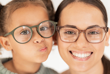 Image showing Family, optometry and eye care with glasses for mother and child together for vision, focus and eyesight with lens frame mockup. Portrait and face of woman and girl together for ocular health