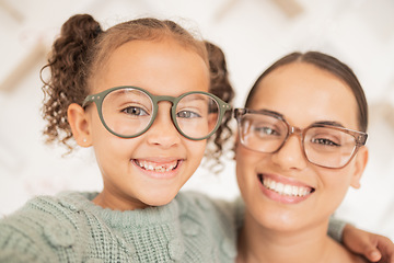 Image showing Woman with glasses, eye care for child and frame lens with happy girl face or optician vision for sight. Family portrait with mother, advertising optometrist spectacles deal and eyes looking together