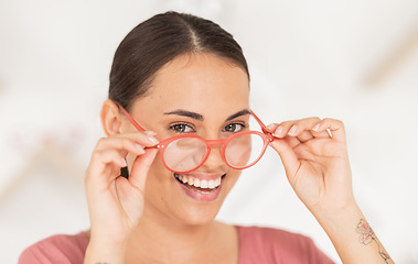 Image showing Woman, glasses and portrait of shopping for spectacles in ophthalmology store for health and wellness. Care, retail and young female buying and trying eyewear and eyeglasses while in a optics store