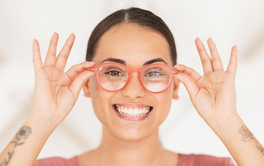 Image showing Woman hands, glasses and eye beauty for healthy eyecare lifestyle. Happy model, smile and excited for confident healthy portrait look, vision support and holding sunglasses in white background studio