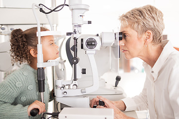 Image showing Eye, test and child vision exam for health, wellness and eye care with a medical doctor or optometrist. Equipment, ophthalmology and female kid in optometry examination for glasses and eyewear