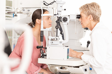 Image showing Eyes, doctor and eye exam by woman consulting ophthalmologist for vision, eye care and sight at clinic. Optical, exam and eye health by women in a consultation room for optometry, check and diagnosis