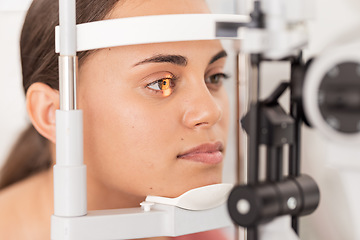 Image showing Vision, eyesight and woman gets ophthalmology eye exam with light on iris testing to see sight. Healthcare, medical insurance and eyes, girl getting healthy visual refraction eye test at clinic.