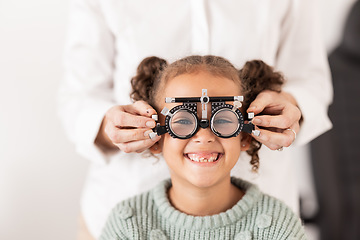 Image showing Vision, optometrist and portrait of child with glasses to test, check and examine eyesight. Healthcare, medical and young girl in doctor office for eye examination, optical diagnostic and examination