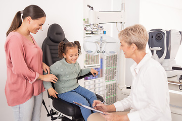 Image showing Consulting, mother and child with an eye doctor for healthy eyes, vision and retina wellness optical test. Smile, mom and happy girl at an optometrist with an optician writing results for an exam